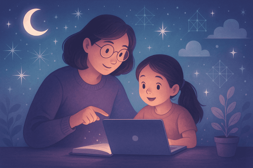 Ilustração de pais e educadores analisando dados e gráficos